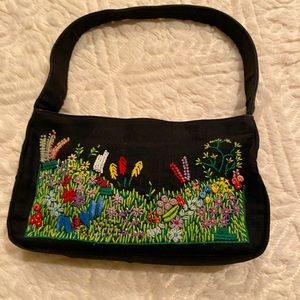 Vintage Bloomingdale’s Hand Embroidered Black Linen Purse